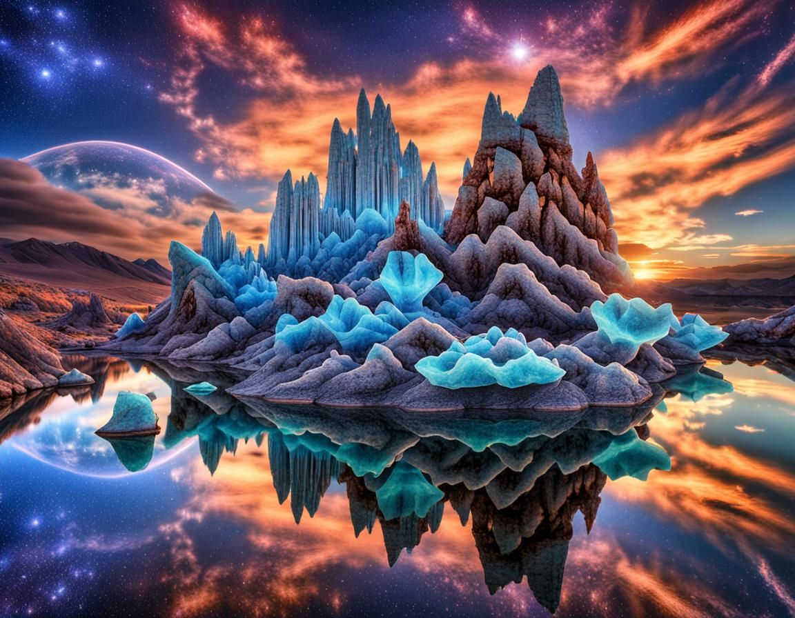 An otherworldly landscape where crystalline structures sprou...