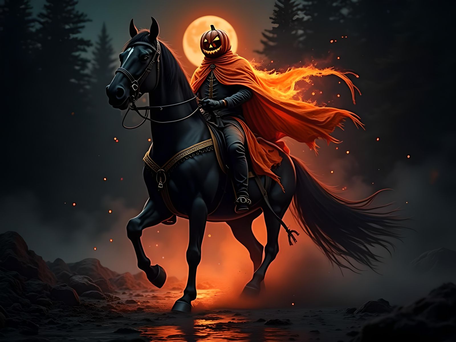 Eerie Horseman with Jack-o'-Lantern Head in CGI Style