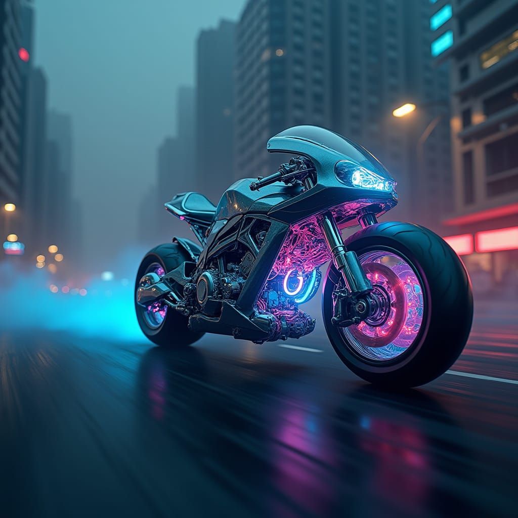 Futuristic Motorcycle Speeds Through Neon Cityscape