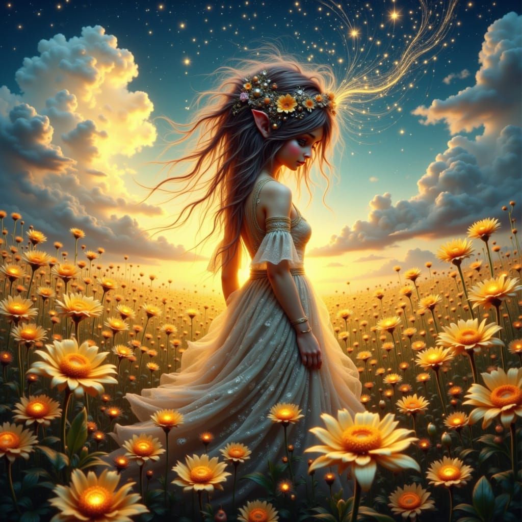 A woman with a dress of stars billowing breath of elaborate life, walking through a field of glowing yellow zebra flowers under a cloud shot...