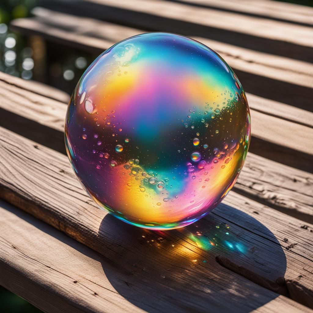 Iridescence soap bubble on wooden bench