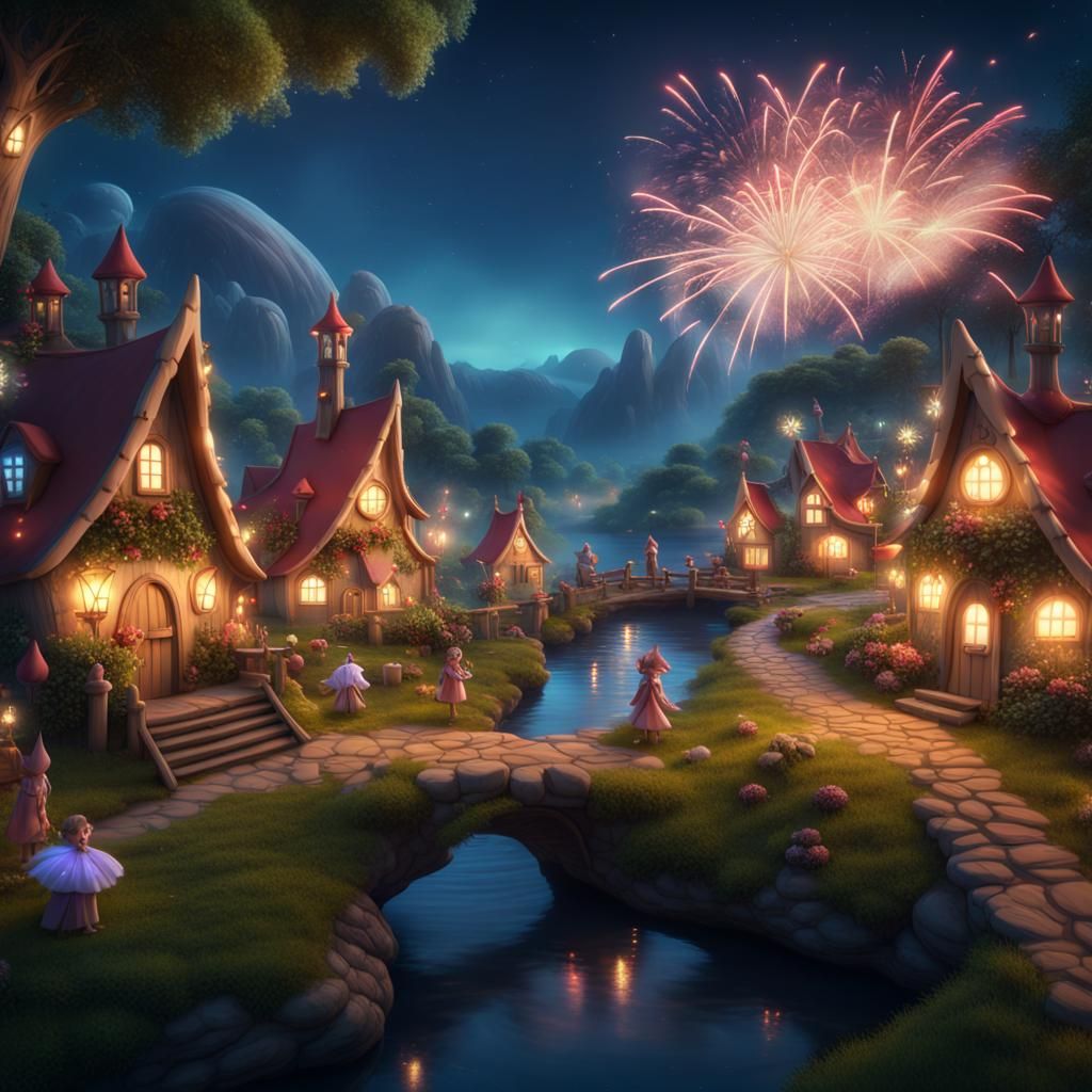 cute fairy village with a bunch of fairies out celebrating with ...