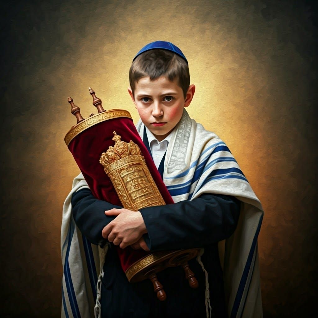 Young Hasidic Boy Reverently Holds a Majestic Torah Scroll i...