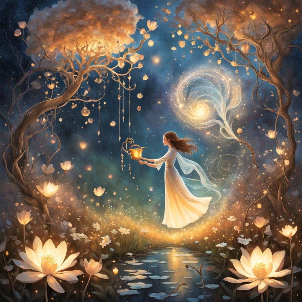 The Time Gardener - In a garden where minutes bloom like flowers, a gentle gardener tends to blossoms of memory. Golden petals open to revea...