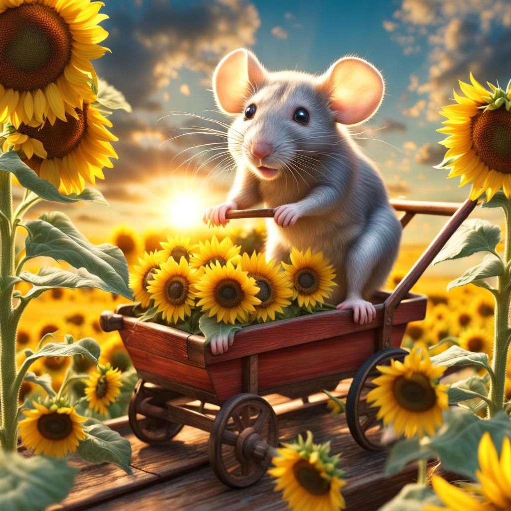 "mouse harvesting sunflowers, in wagon , colorful , detailed photo 8k, whimsical, extreme wide angle, ...  by @jimmyoutside