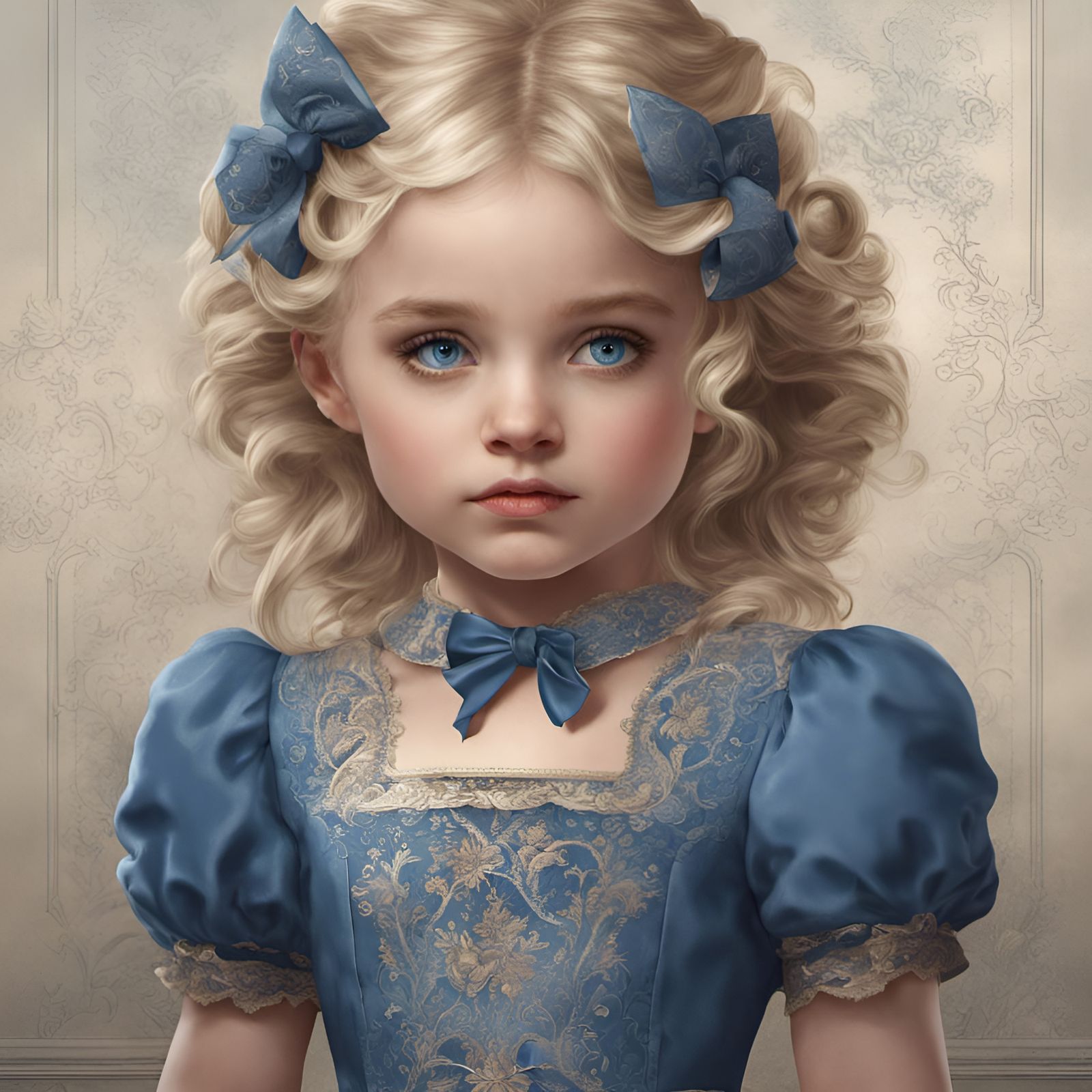 Toddler, 19th Century, Blonde, Blue Eyes, Embroidered Blue Dress 