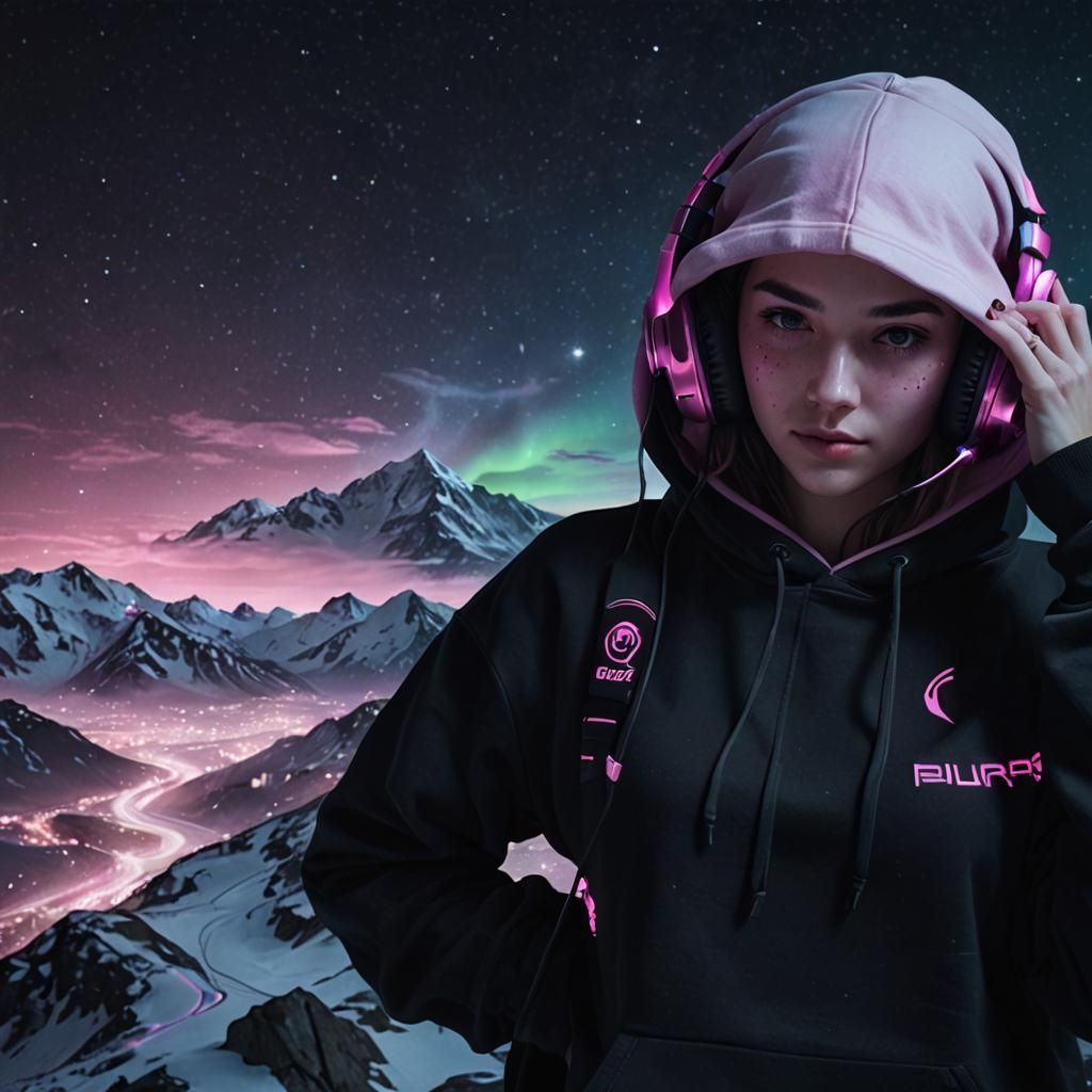 Photogenic Girl with Gaming Headset Under Aurora Sky