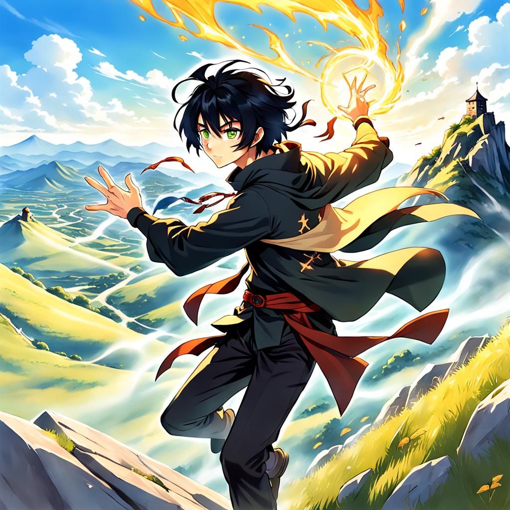 young man adventurer with black hair. casting a spell. sunny afternoon hill background.