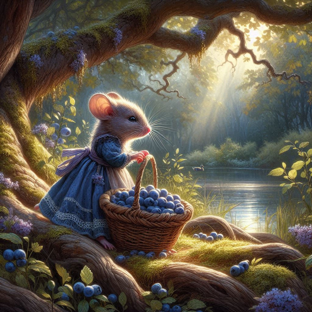 Picking blueberries near a quiet pond