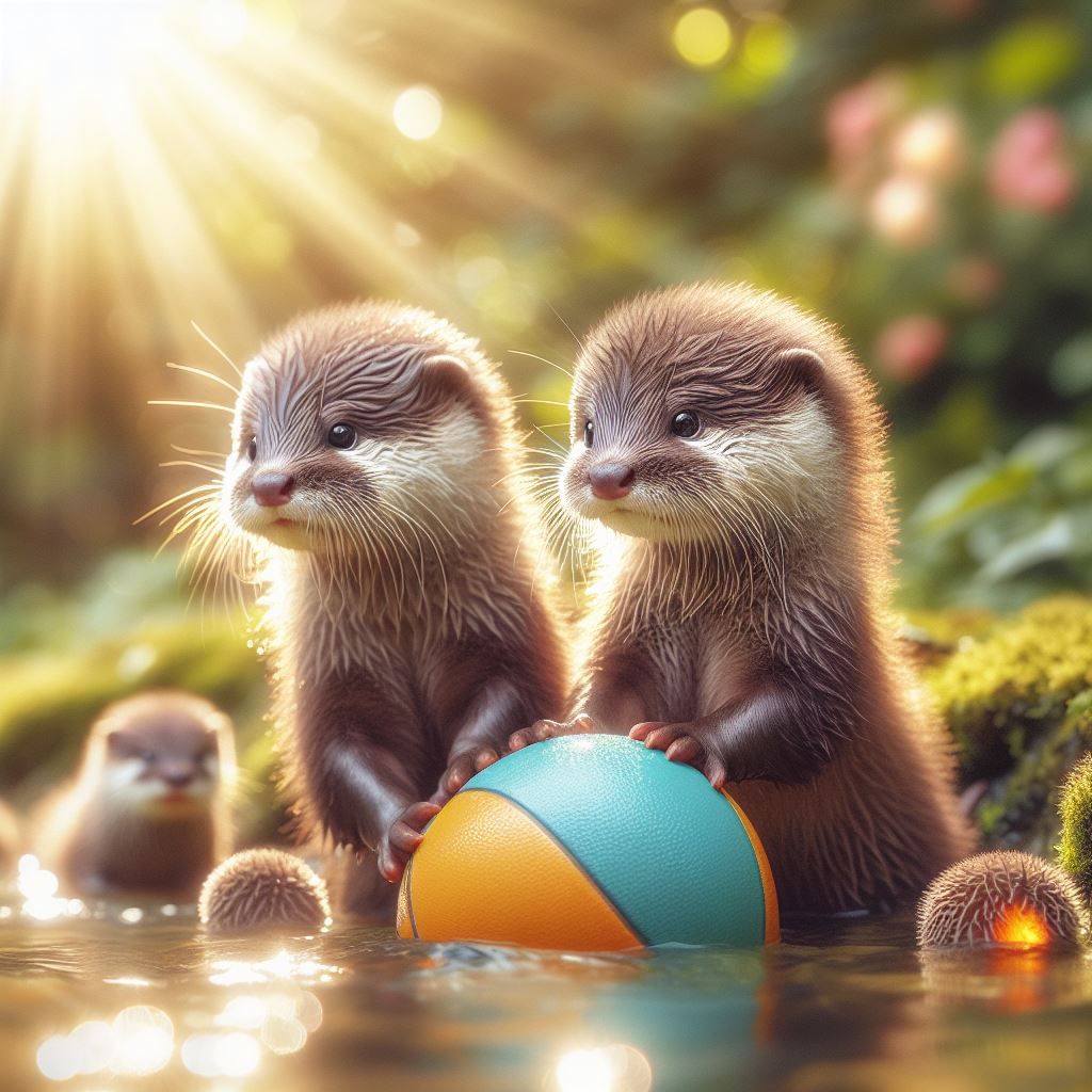 Baby otters with a ball