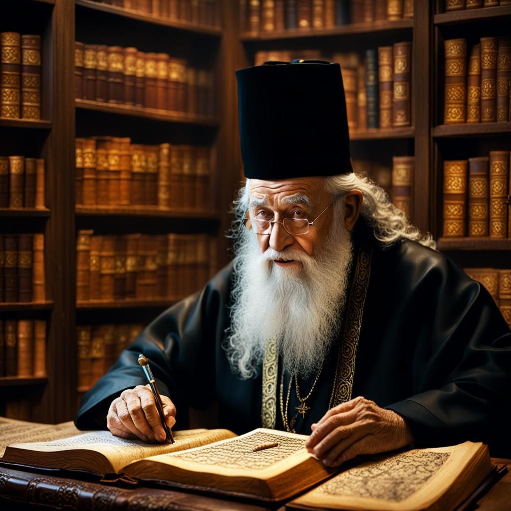 Rabbi Studying Torah in Dimly Lit Library