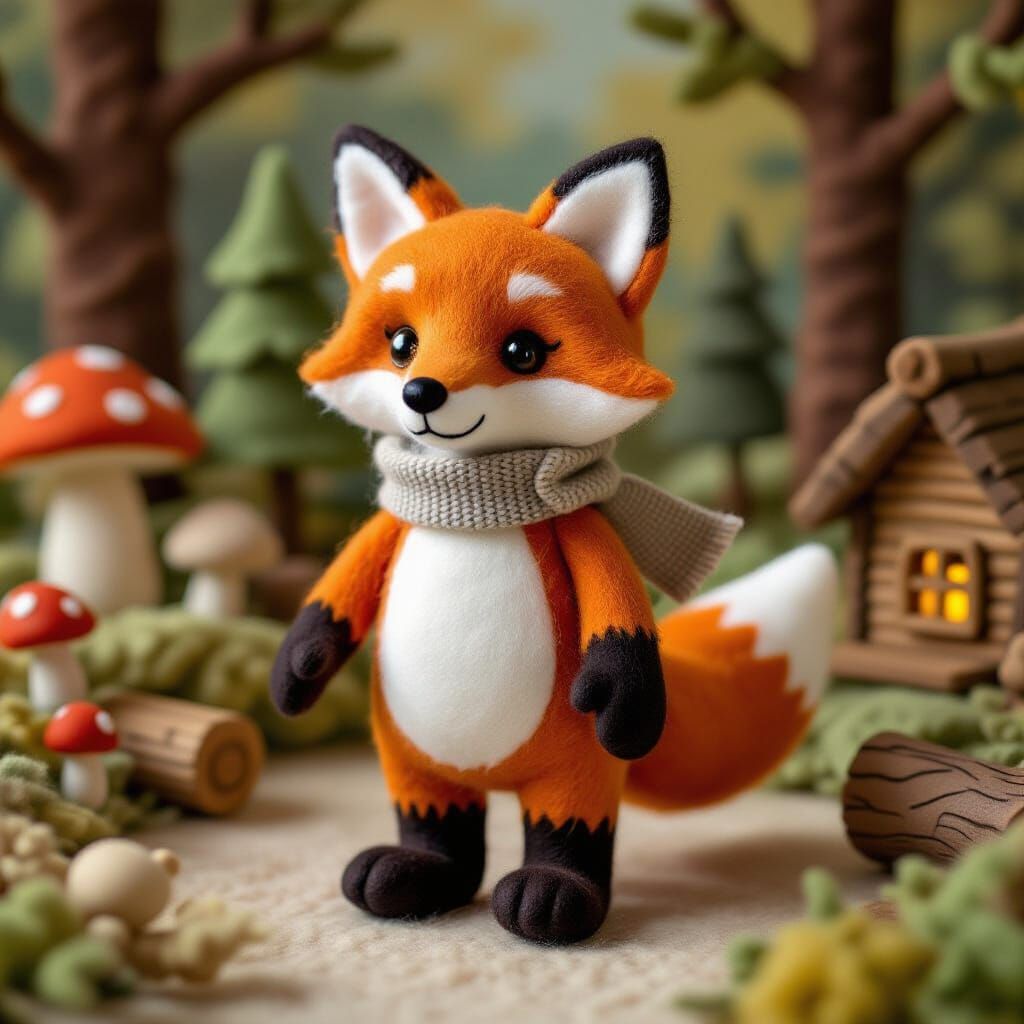 Charming Felt Fox Doll in Cozy Woodland Scene