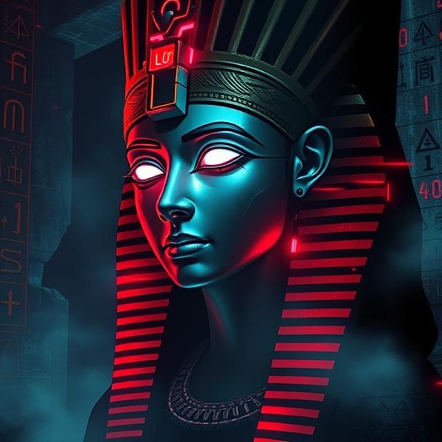 An ancient Egyptian queen, reimagined as a cyberpunk hacker,...