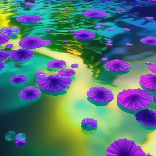 Beautiful Reflexive Water With Purple Lily Pads - Ai Generated Artwork 