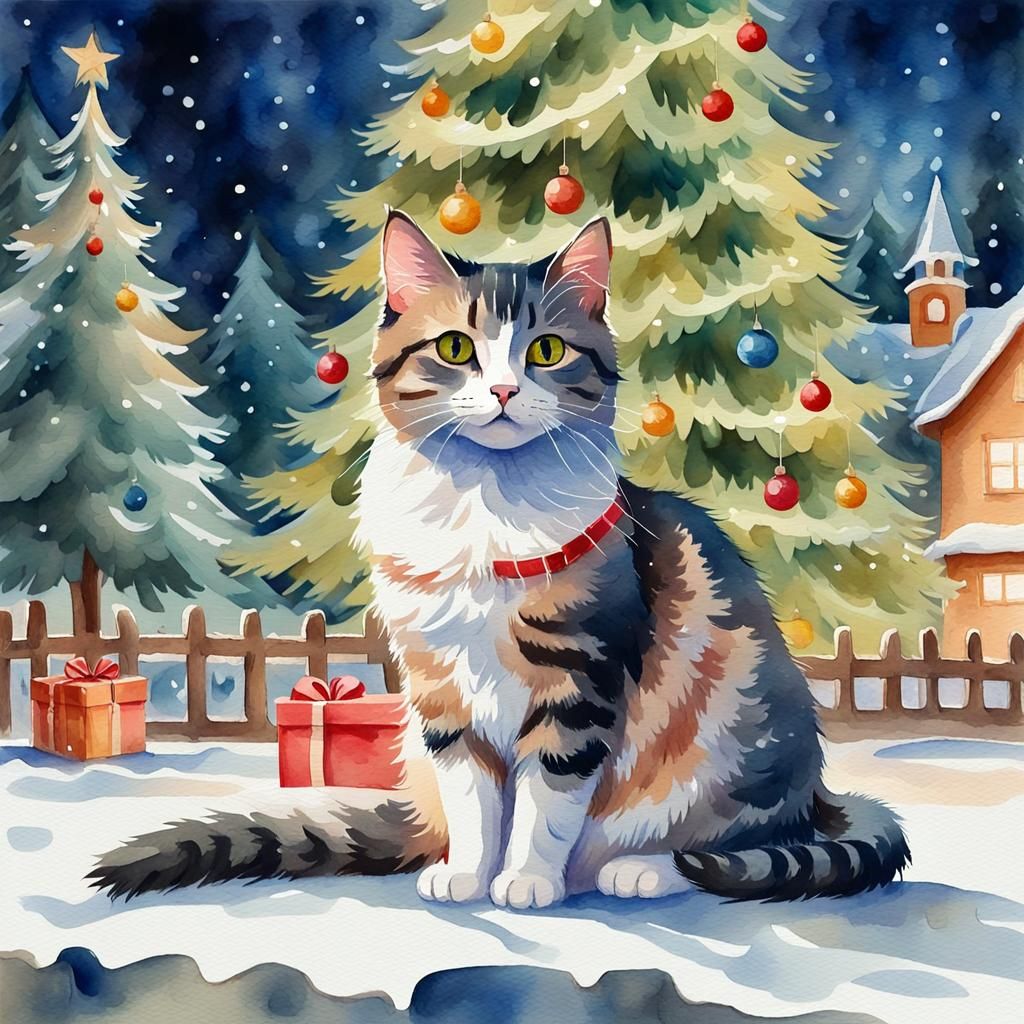 Cute cat near a Christmas tree in a festive park magical watercolor ...