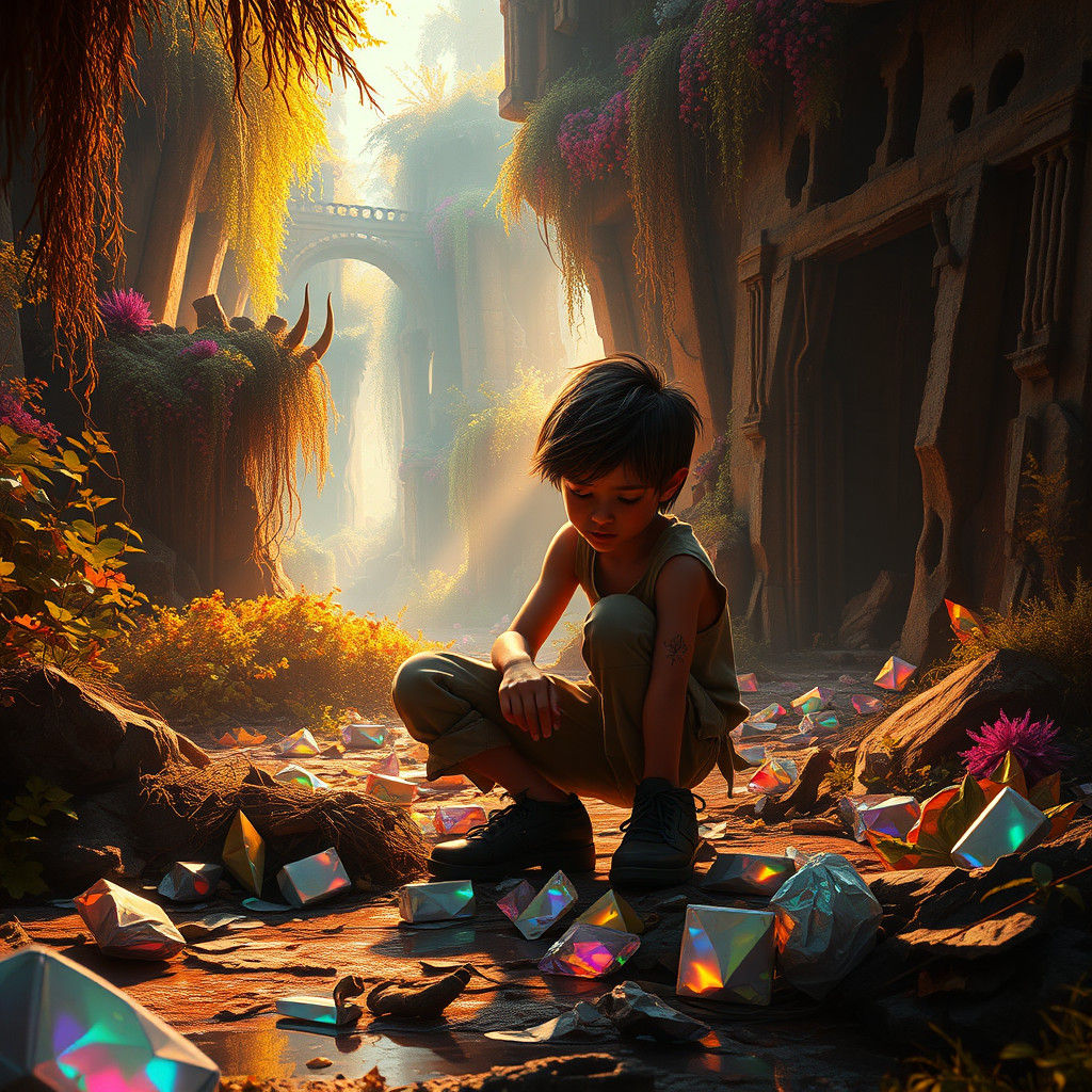 Boy Scavenging Glowing Trash in Mystical Realm