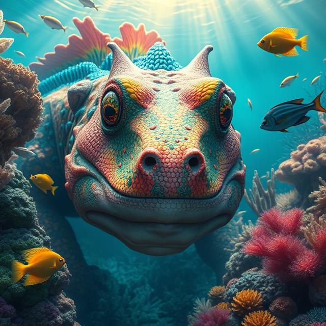 underwater scene featuring a large, colorful amphibian resem...