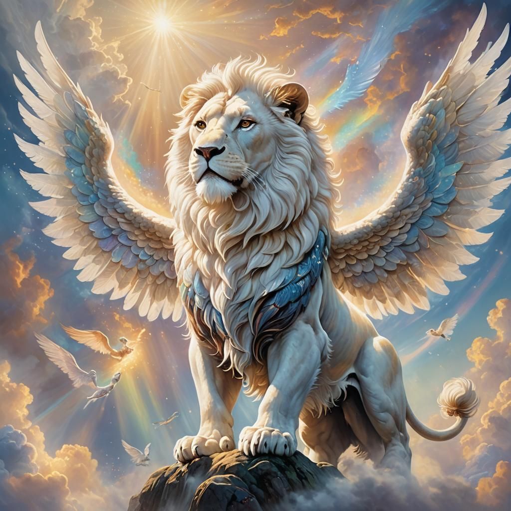 lion having wings and flying in the sky at evening sunset