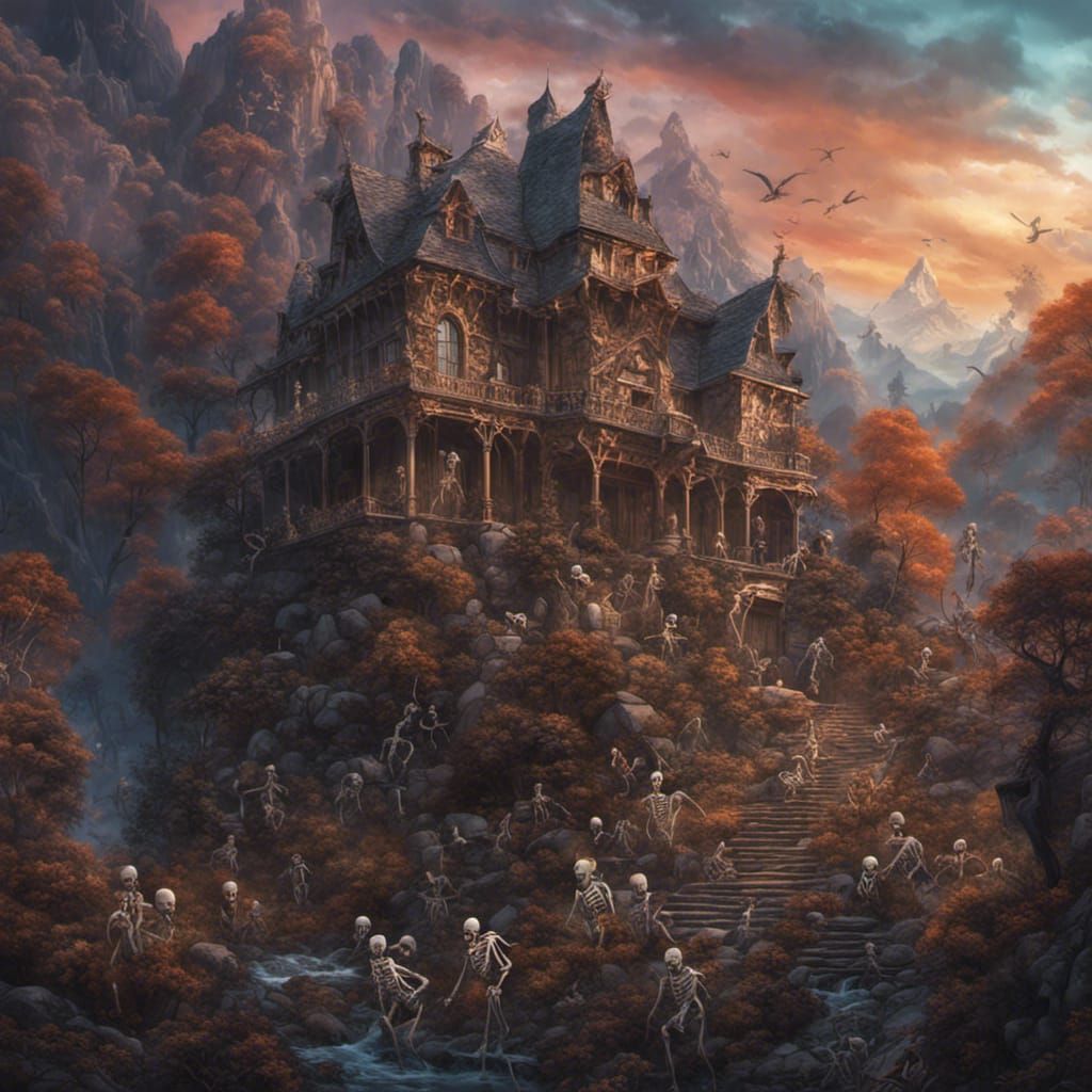 A realistic image of hundreds of skeletons who are blind and bewitched attacking a magical mansion in the mountains near...