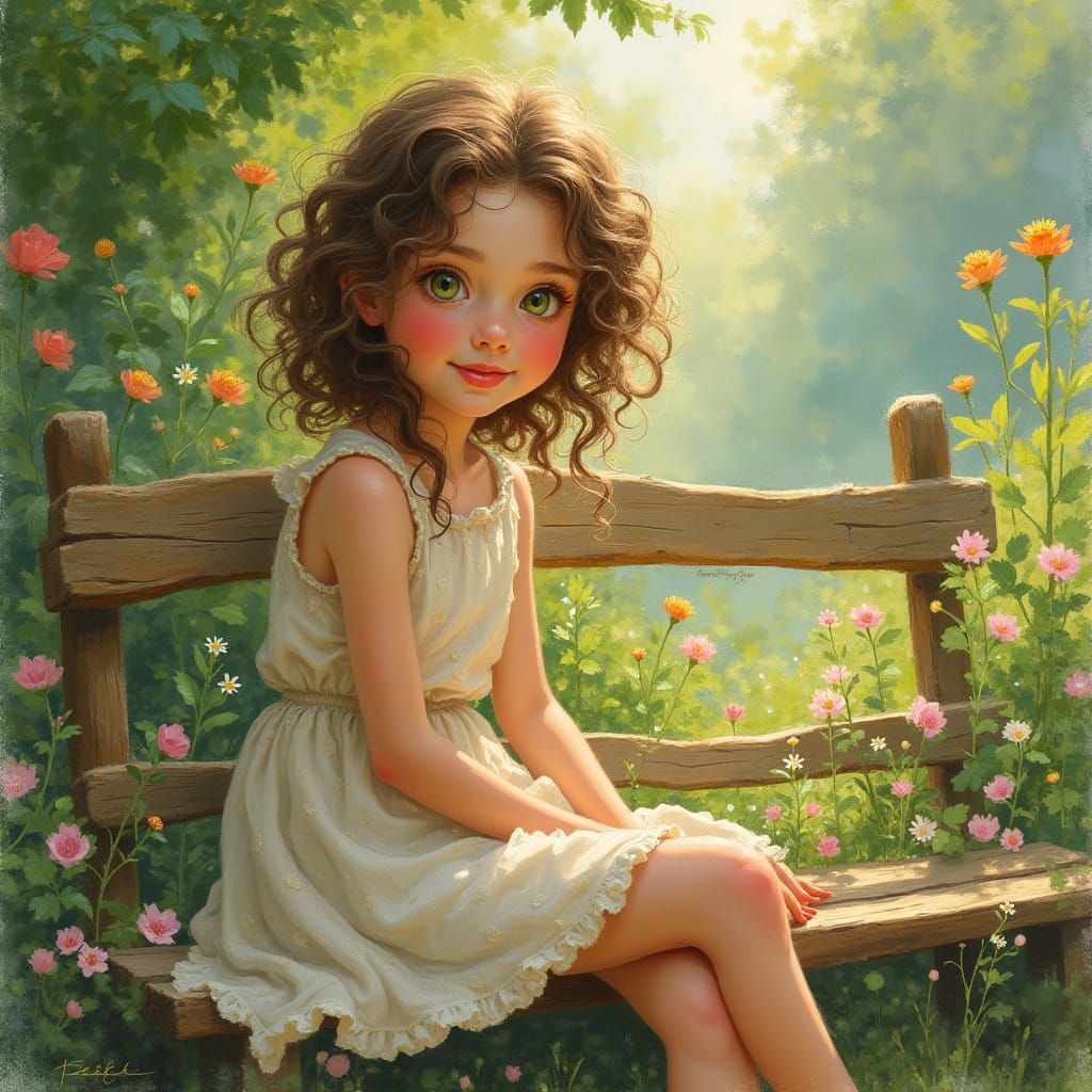 Young Girl Sitting on Rustic Bench in Whimsical Impressionis...