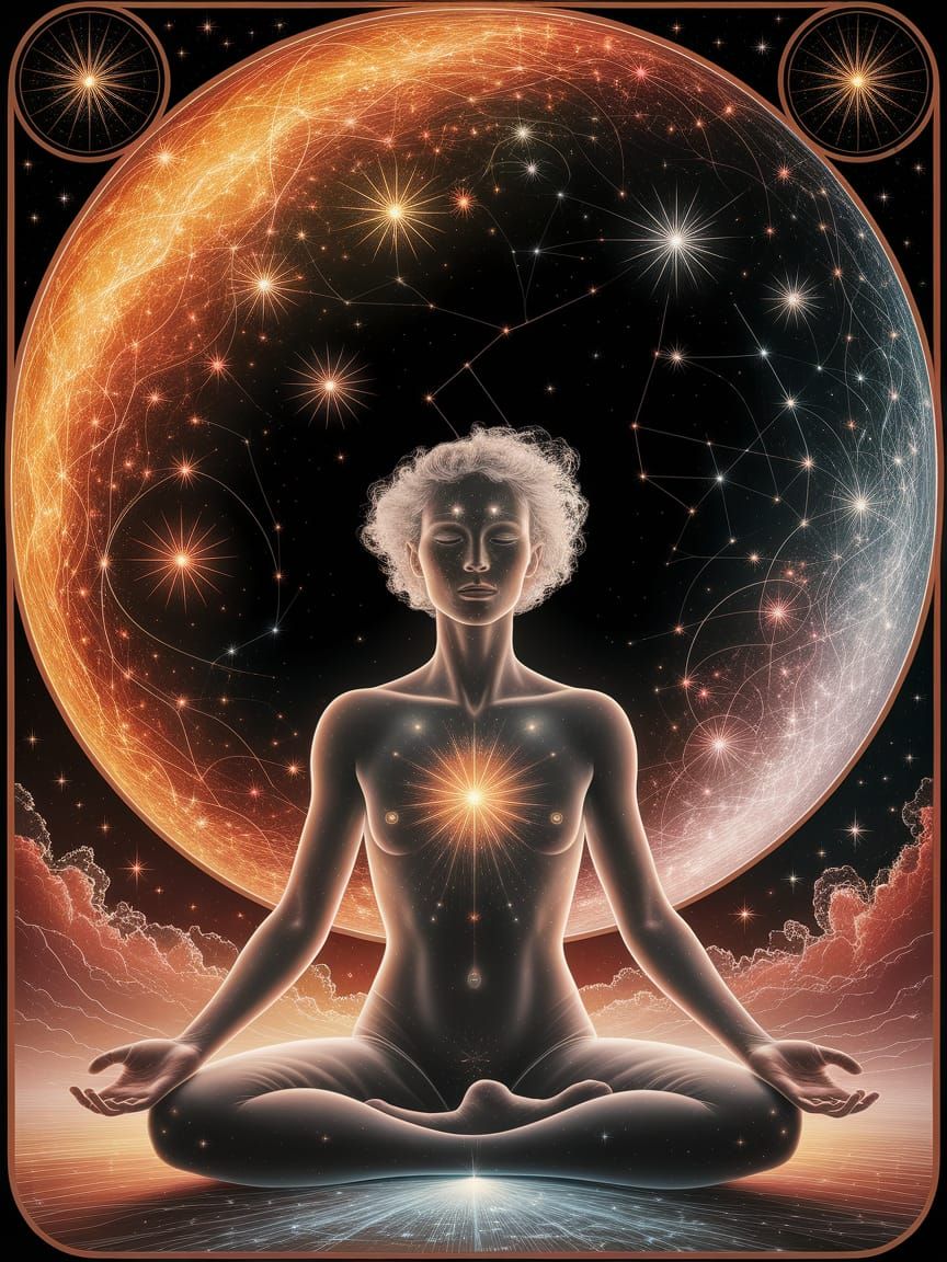 A mesmerizing digital painting of a serene, translucent human figure, seated cross-legged in a contemplative pose, with an ethereal glow ema...