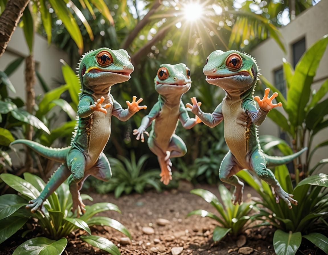 2 cute adorable alien geckos jumping in the air doing a leaping high ...