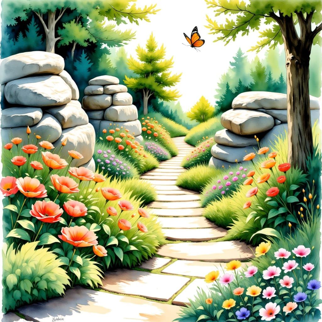 Meandering stone pathway