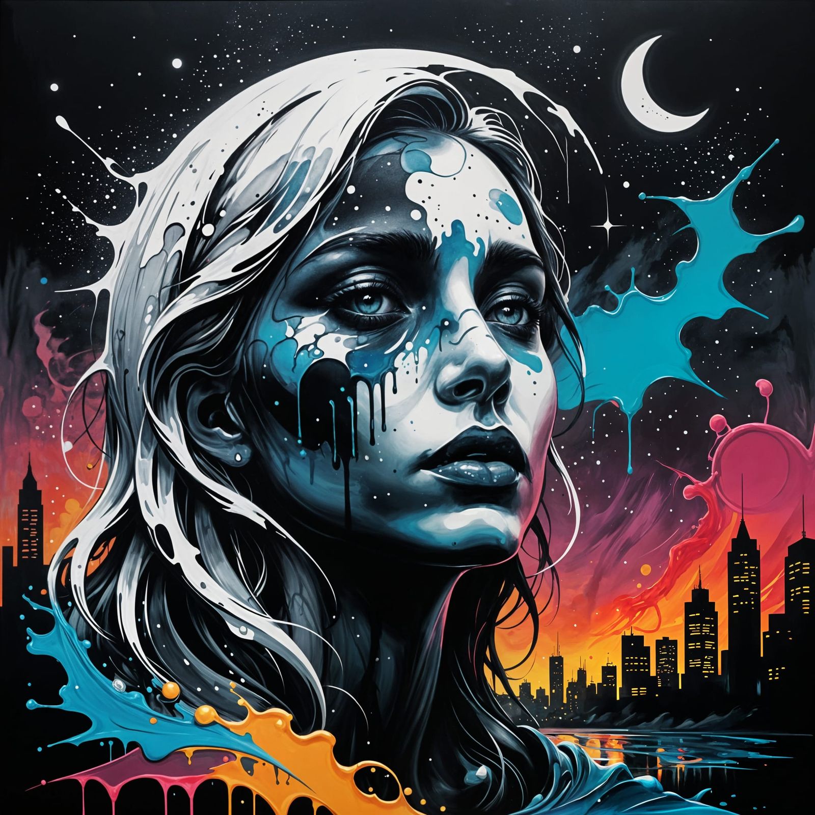 Melting Moon Graffiti: Ethereal Woman in the Night