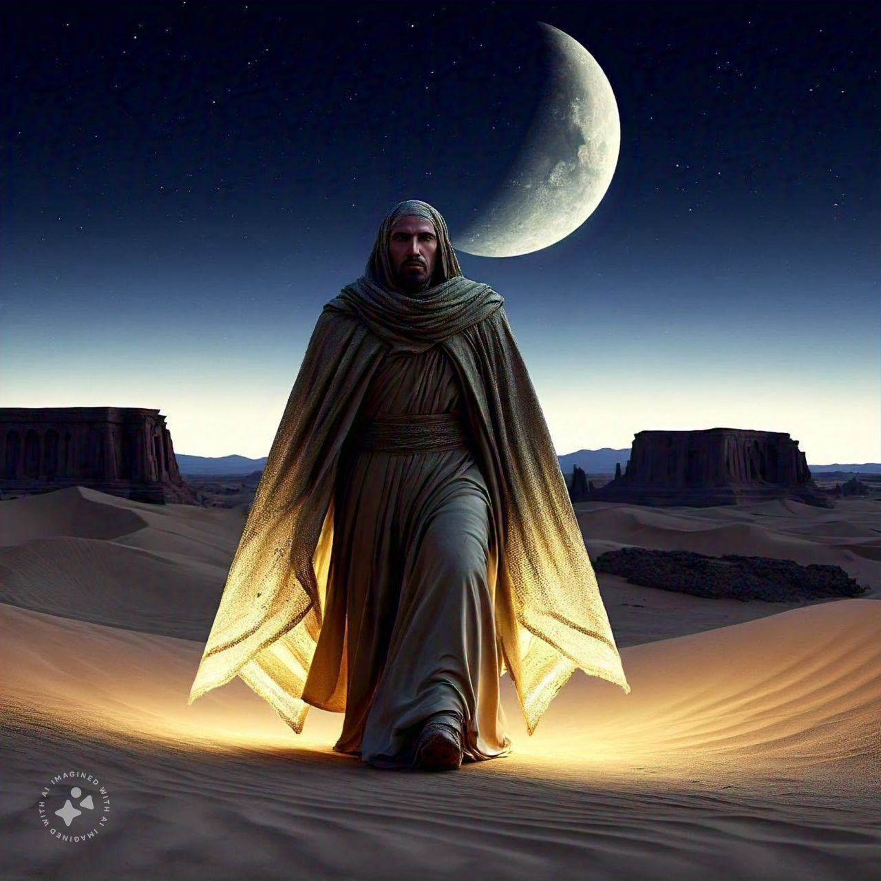 an ancient traveller cloaked in glowing robes walking throug...