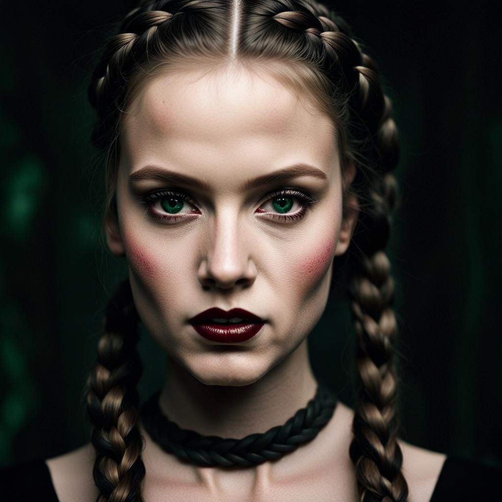 High-resolution, studio-style portrait of a woman with a dark, dramatic aesthetic. The layout is a close-up shot focusing on her face and up...