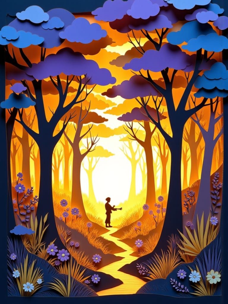 3d paper cut shadowbox of a fantasy scene/ layered paper cutouts are backlit for depth. cinematic, dramatic lighting. maximalist design<lora...