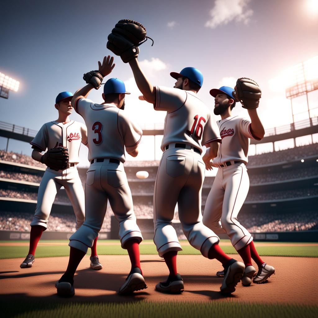 A group of baseball players celebrating in the outfield