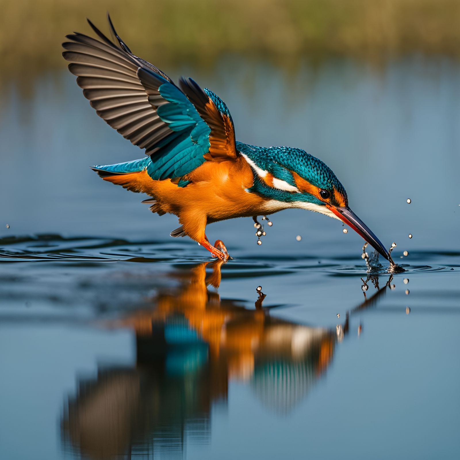 An insanely detailed perfect reflection of a kingfisher diving into very still water. Professional photography, ...  by @Grytr