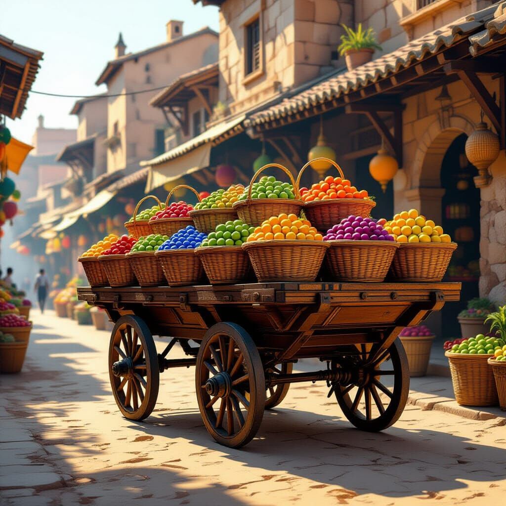 Antique Cart Laden with Exotic Fruits and Spices