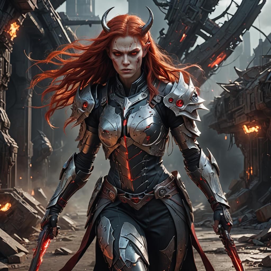 young female demon futuristic warrior with pale humanlike sk...