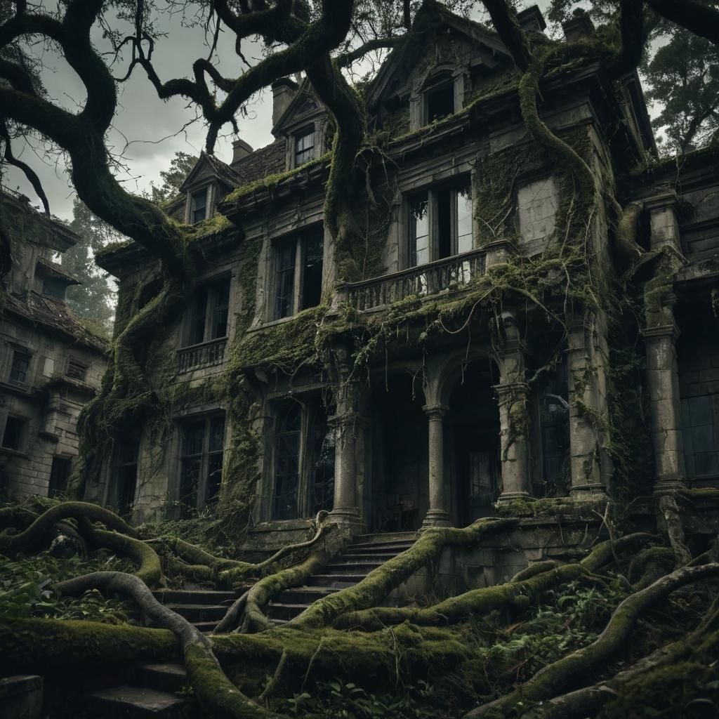 Snake-Infested Mansion in Shadows: Dark Fantasy Architecture