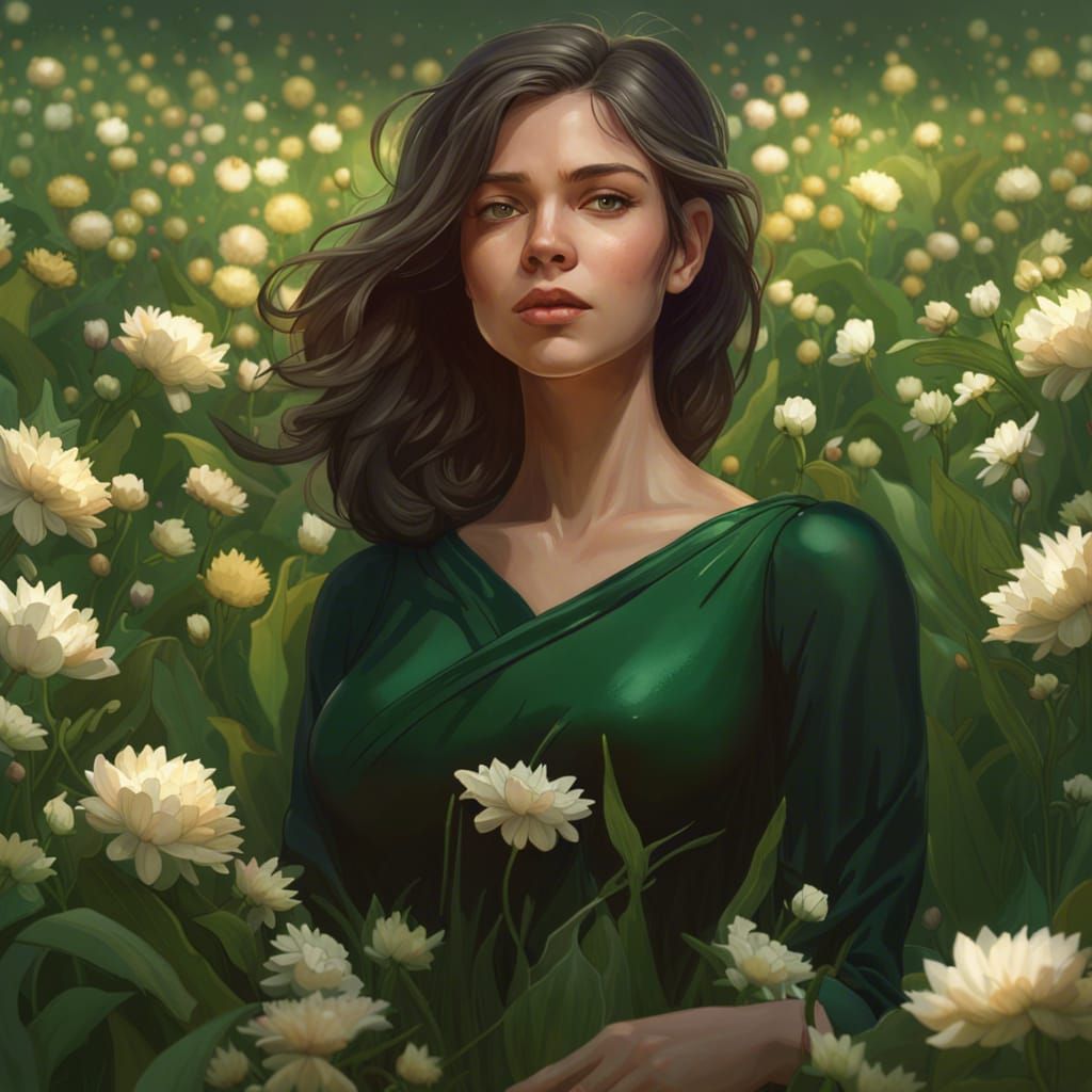 A girl in dark green dress in a field of flowers