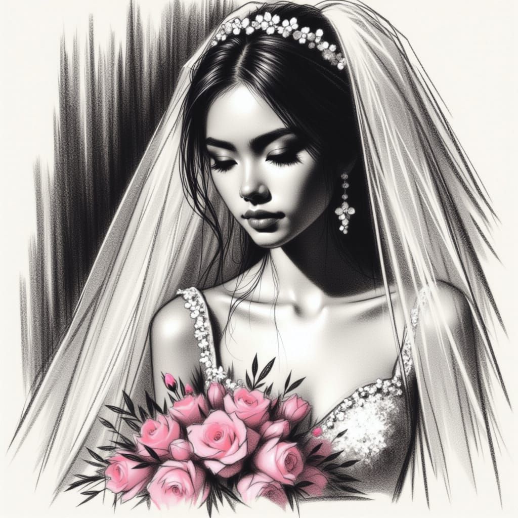 <lora:Ash and Bloom:1.0> Charcoal sketch on canvas. Textured lines, smudged, chiaroscuro interplay of light on shade. Charcoal sketch of a b...