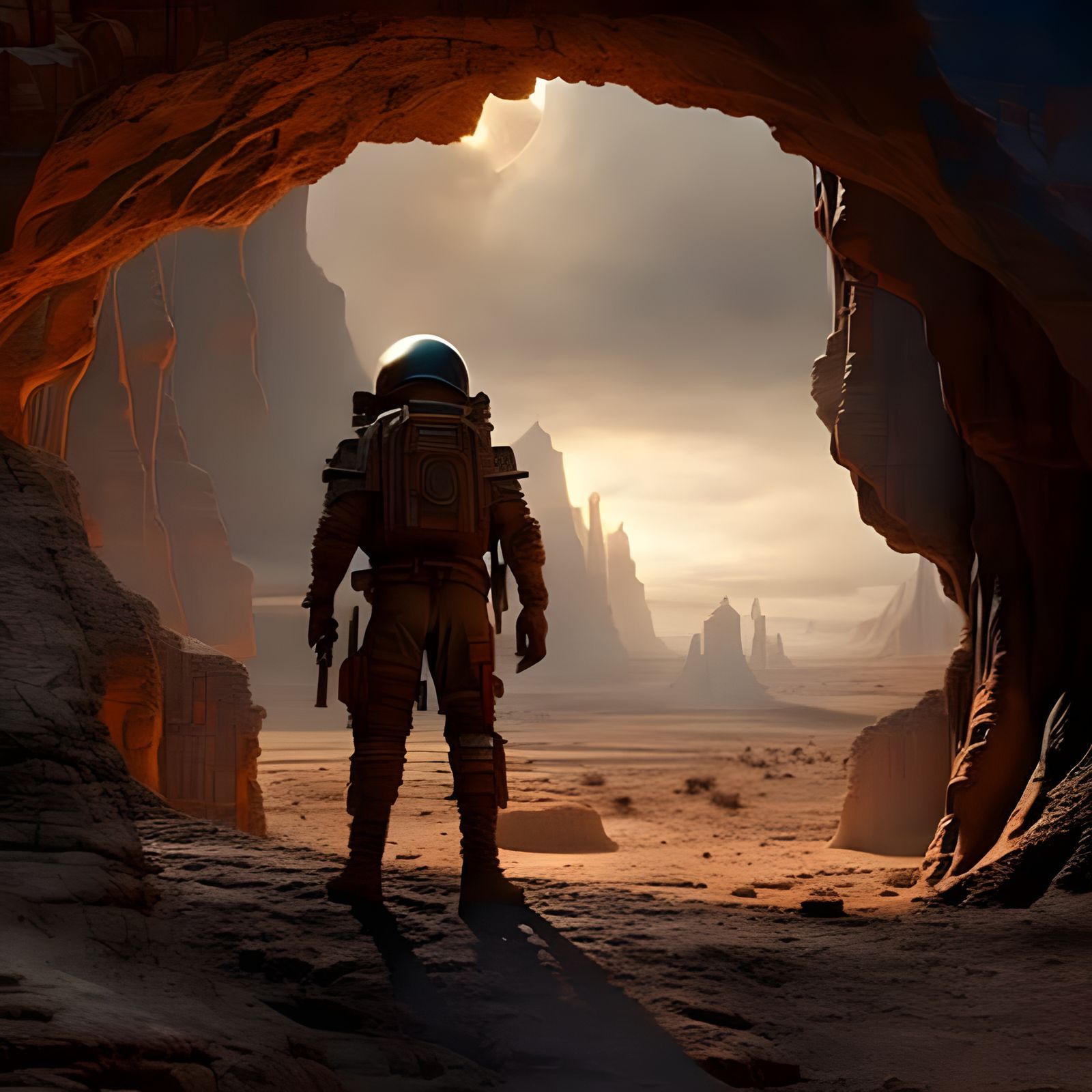 Post apocalyptic astronaut in desert cave background Epic ci...
