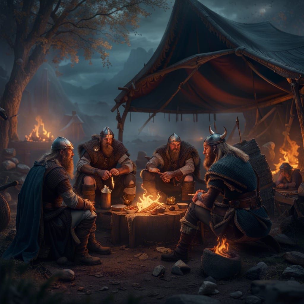 Vikings rest after a battle, sited down around a campfire, eat, drink and chating