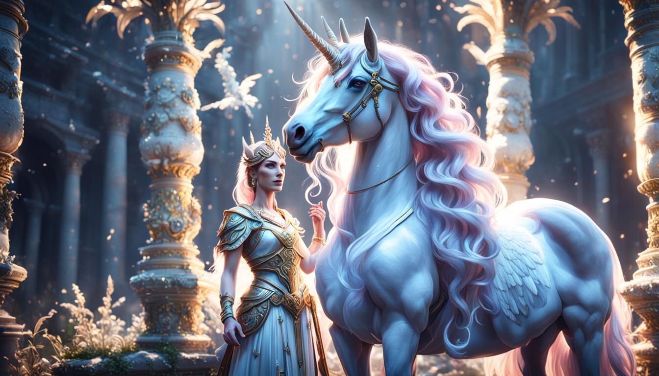 A portrait of a Goddess and her companion unicorn  by @Dorian