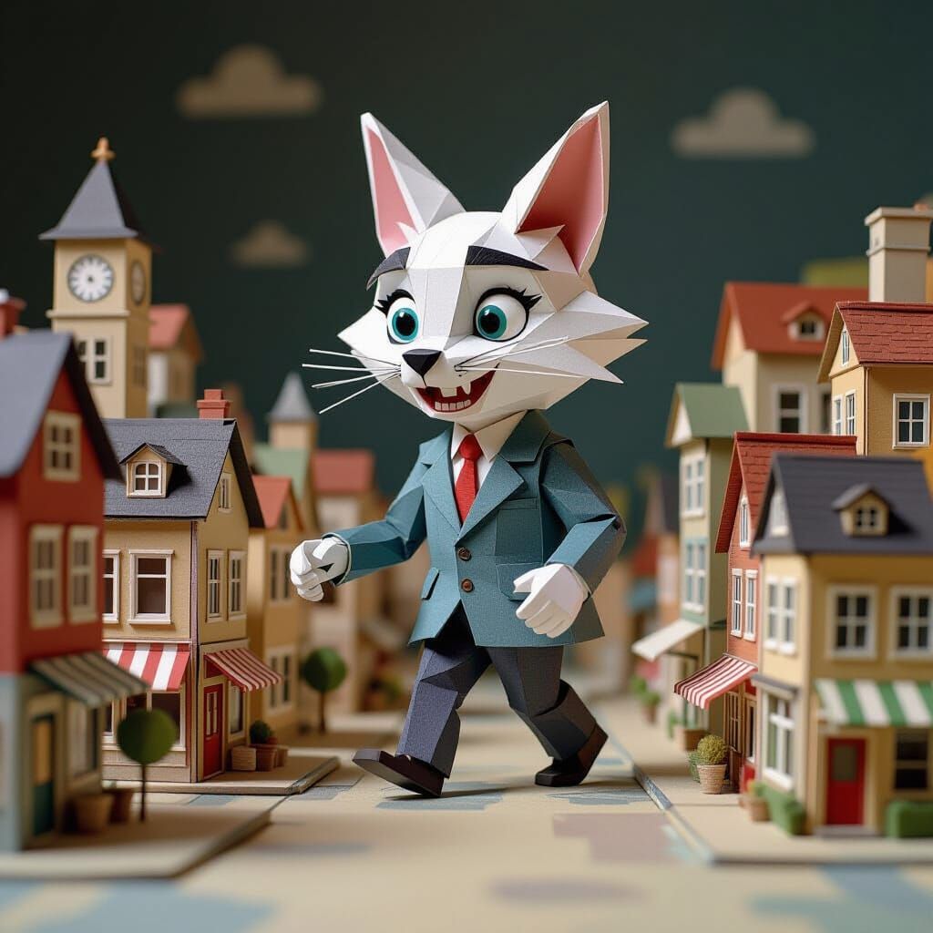Whimsical Papercraft Character in Miniature Cardstock City