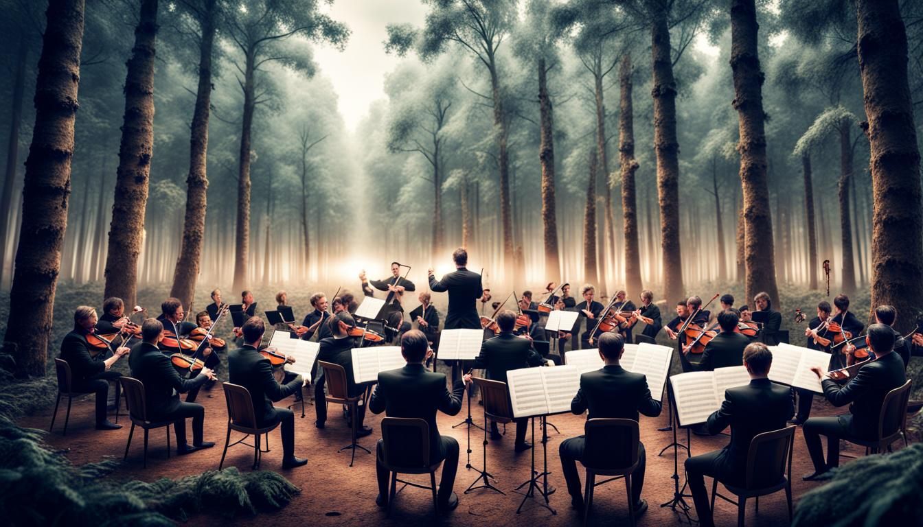 an orchestra with a conductor playing music in a forest AI Generated