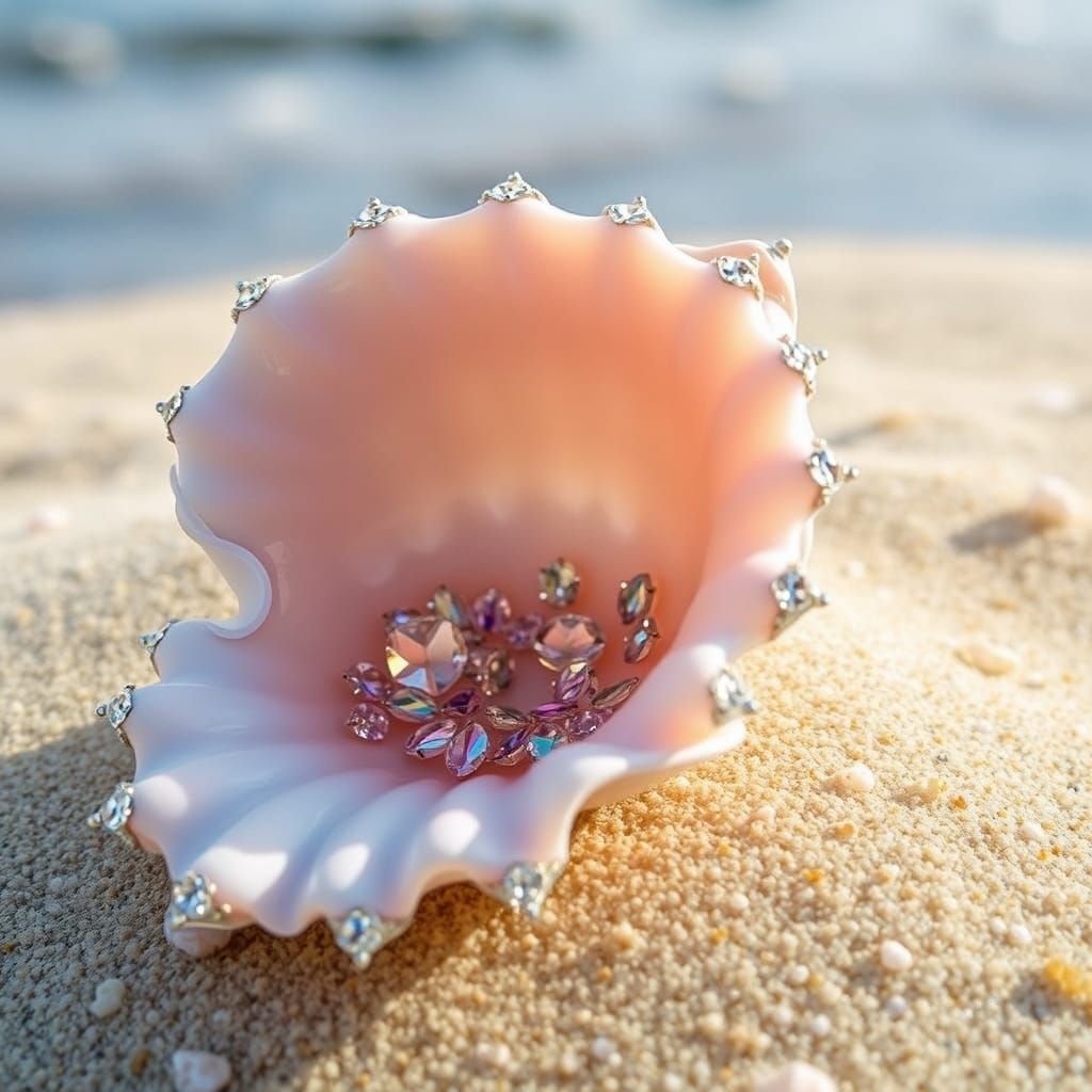 Pearls and Diamonds on the Beach in a Colorful Shell