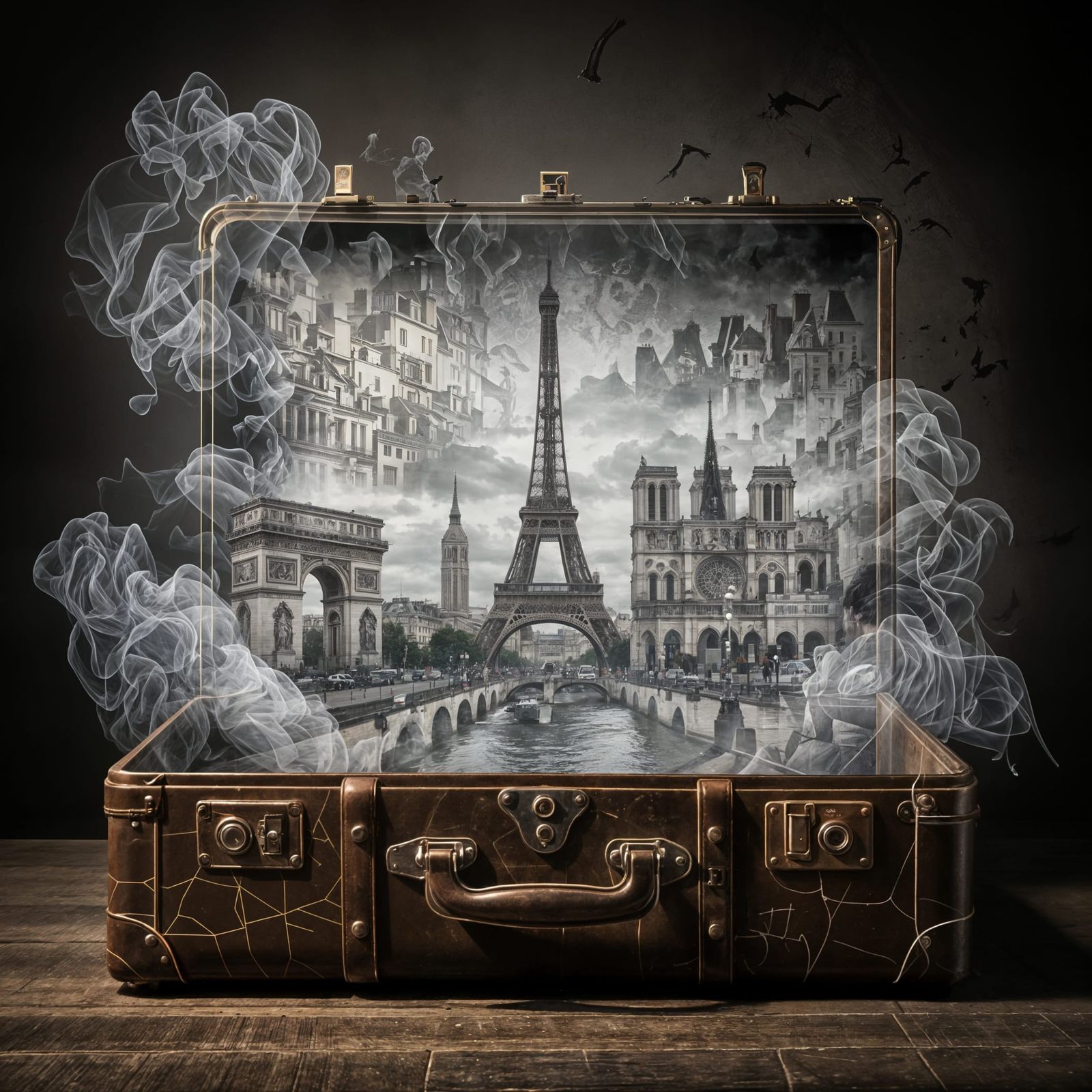 Paris Cityscape Emerging from Vintage Suitcase