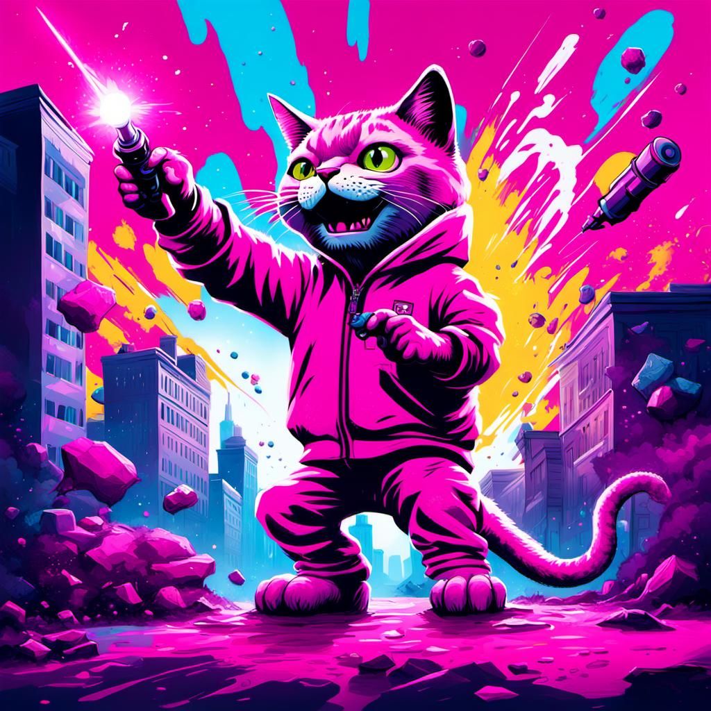 A Giant cat in pink pull-over shoots laser at dinosaures in ...