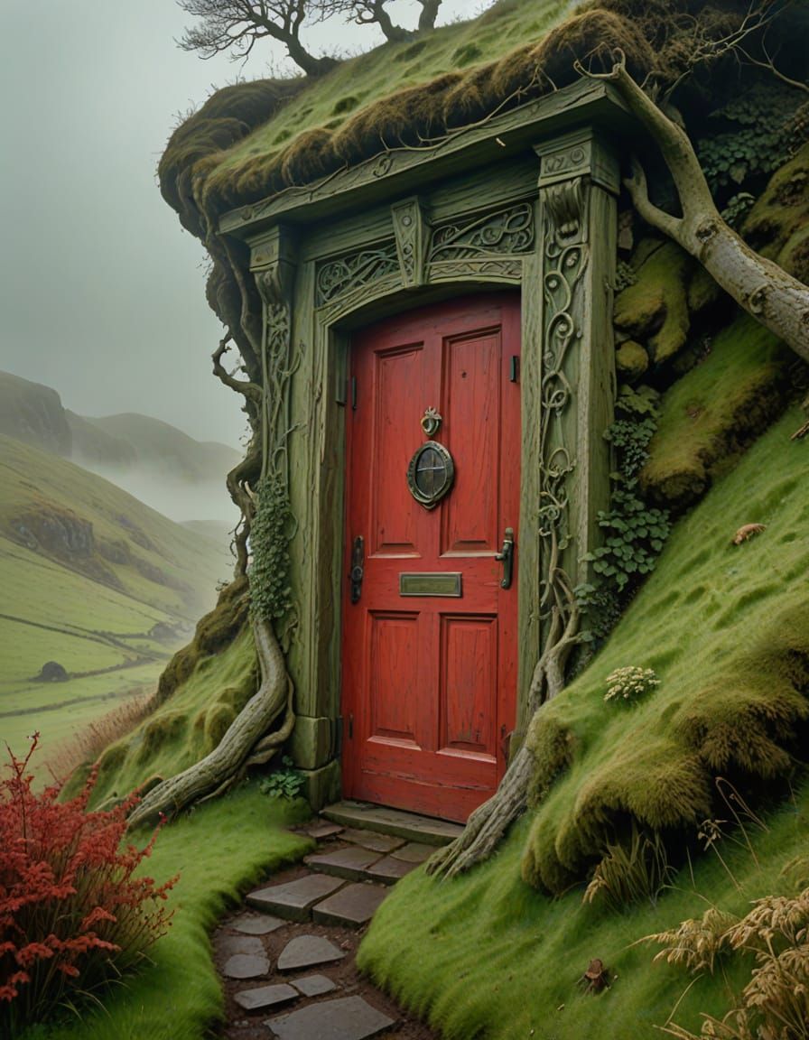 A wooden door frame and a magical red door which acts as a portal to another world, standing on a misty ...  by @Stibs