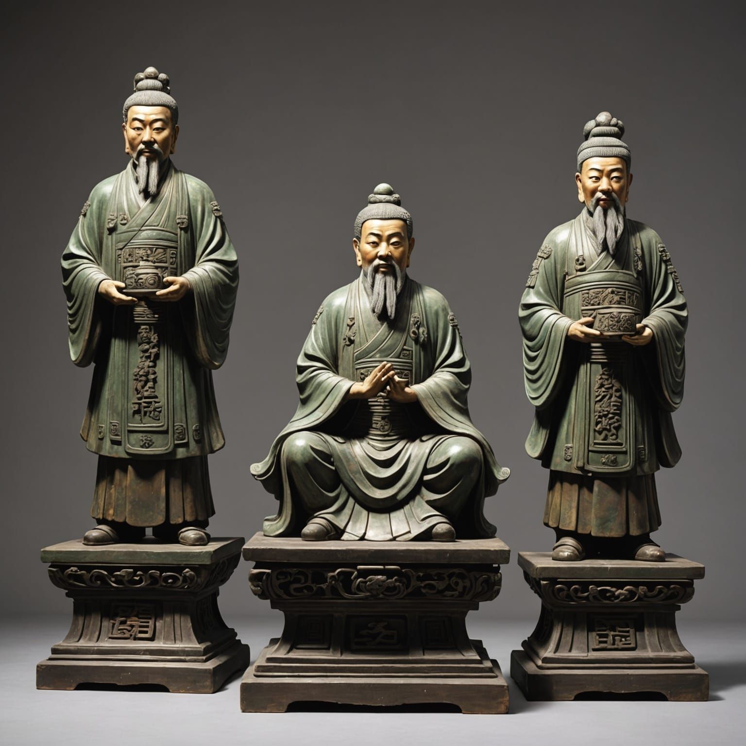 Oriental Wisdom Sculptures in Hyperrealistic Splash Art