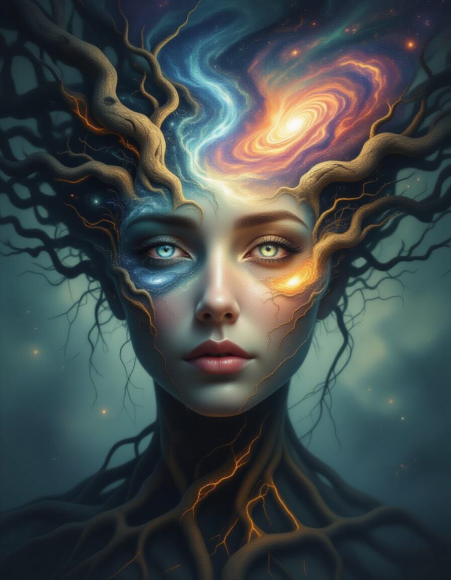 Mystical Self-Portrait of Face Emerging from Roots and Light