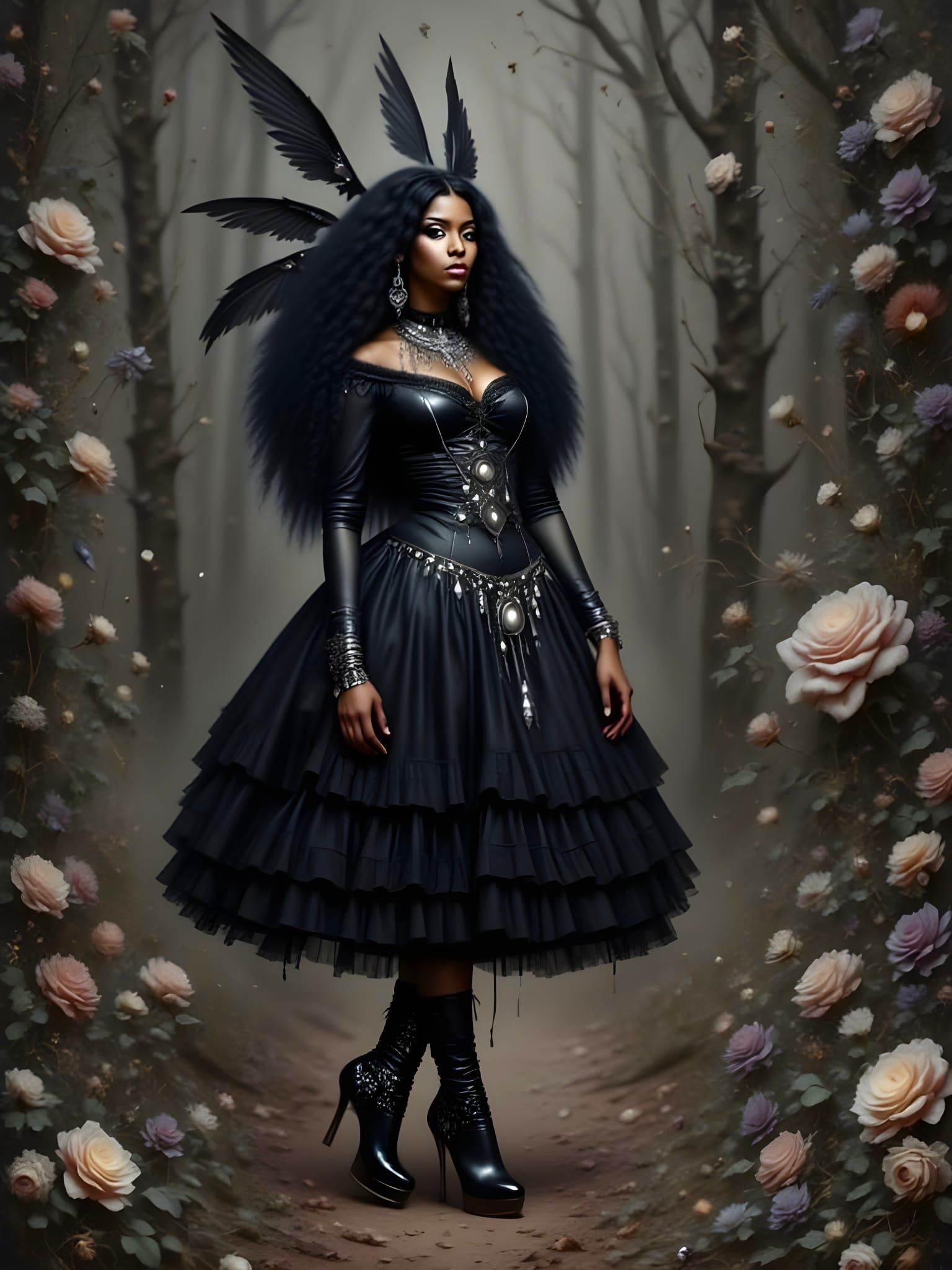 <lora:Gothic Intensity:1.0> <lora:Spiritual Intensity:1.0> ethereal mystical black woman in forest, ruffle dress, leather clothes, black ski...
